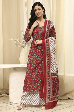 Brown and White Cotton Screen Print Unstitched Suit Set image number 7