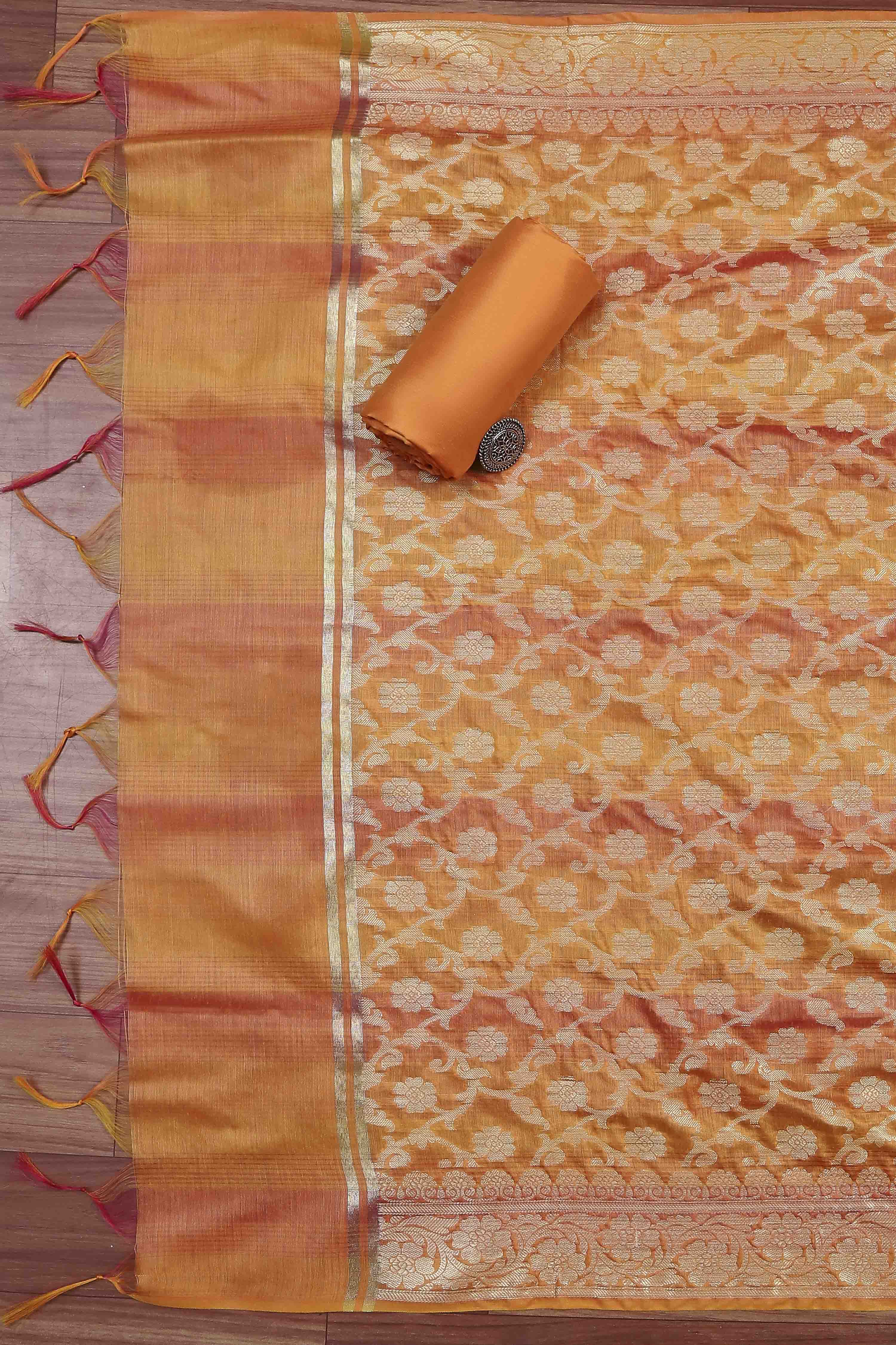 Rust Banarasi Chanderi Banarasi Print Unstitched Suit Set image number 3