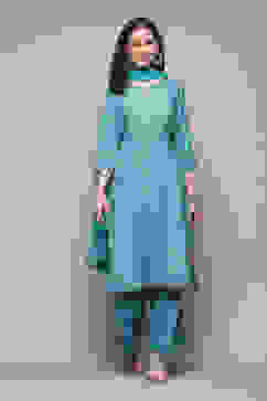 Turquoise Poly Musin Straight Printed Kurta Palazzo Suit Set image number 7