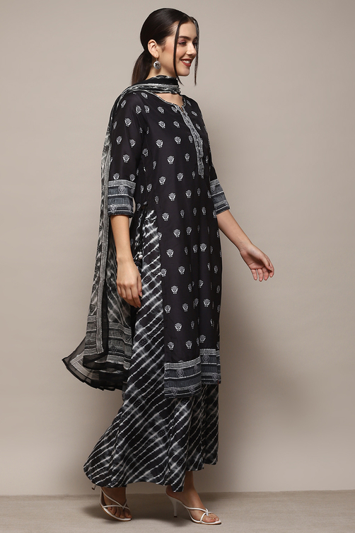 Black Poly Musin Relaxed Kurta Sharara Suit Set image number 6