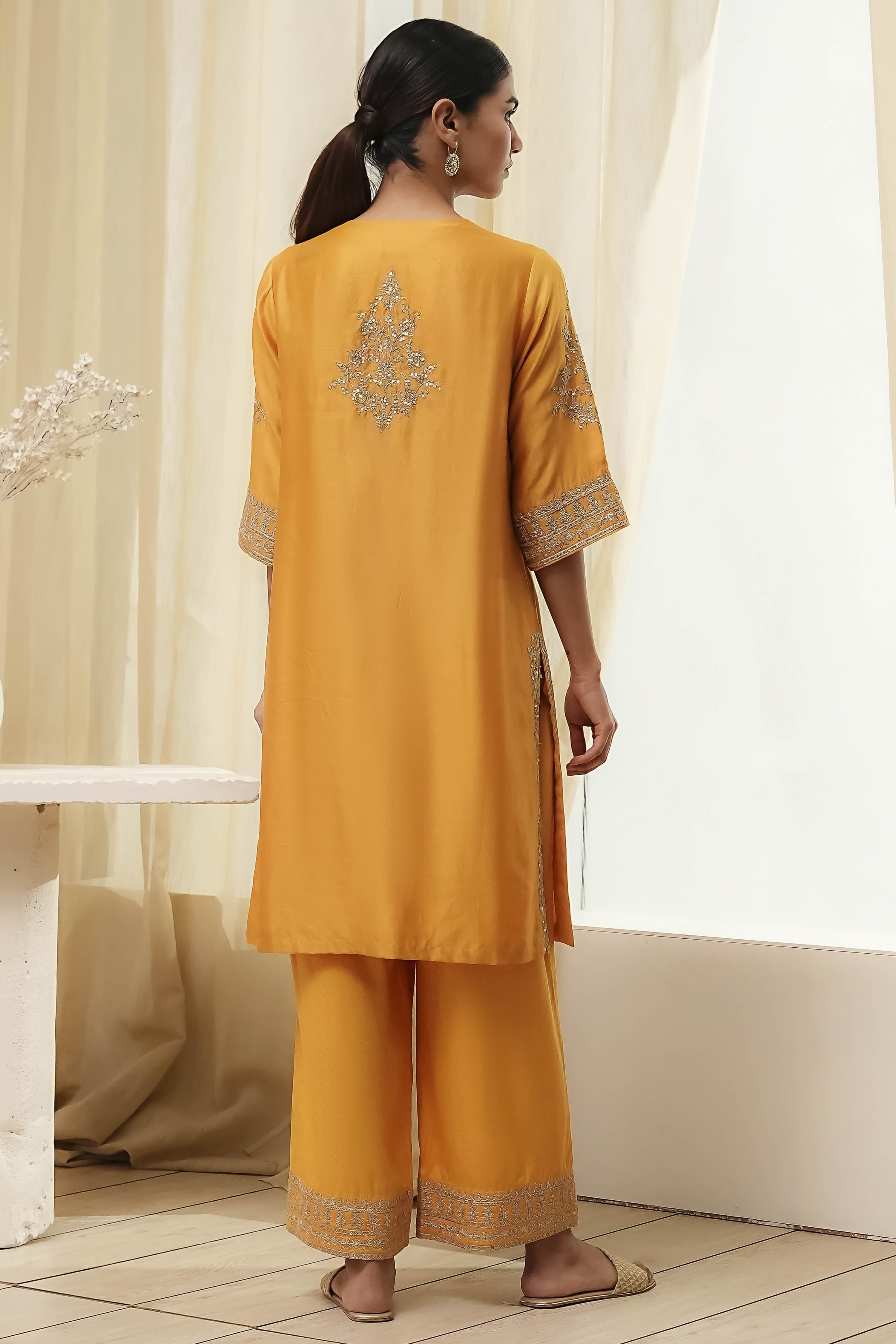 Ochre Yellow Cotton Silk Straight Suit Set image number 4