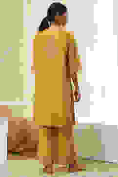 Ochre Yellow Cotton Silk Straight Suit Set image number 4