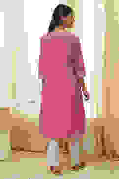 Pink Cotton Embroidered A-Line Kurta image number 3