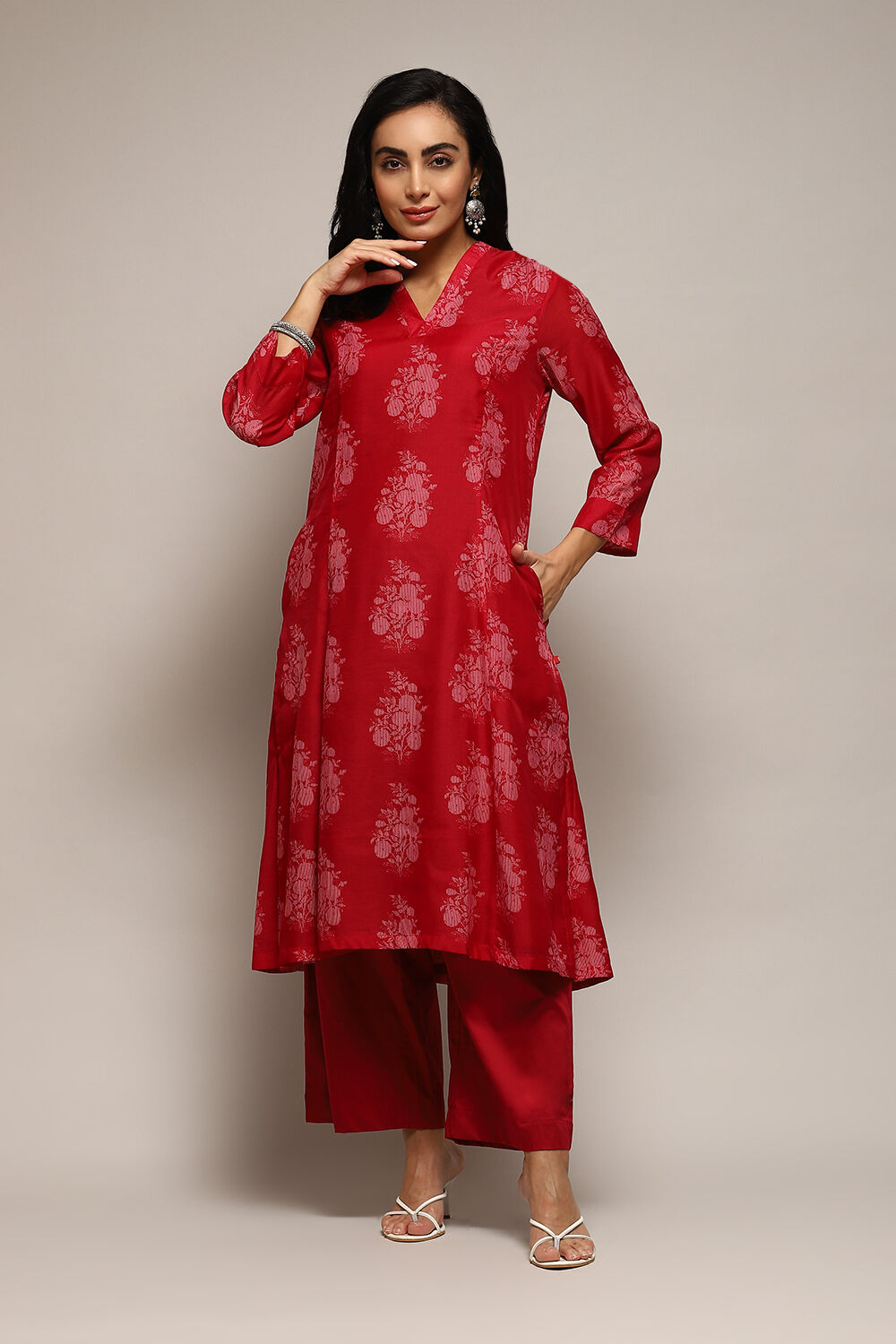 Pink Poly Chanderi A-Line Printed Kurta Palazzo Suit Set image number 0