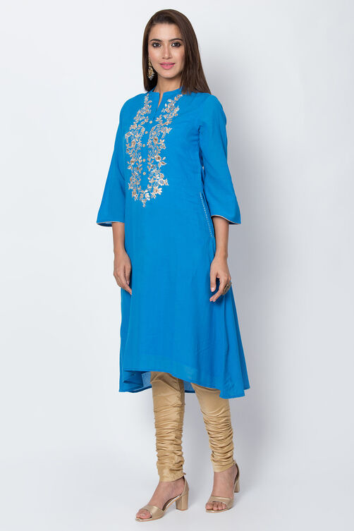 Blue Cotton And Viscose A-Line Solid Kurta image number 3