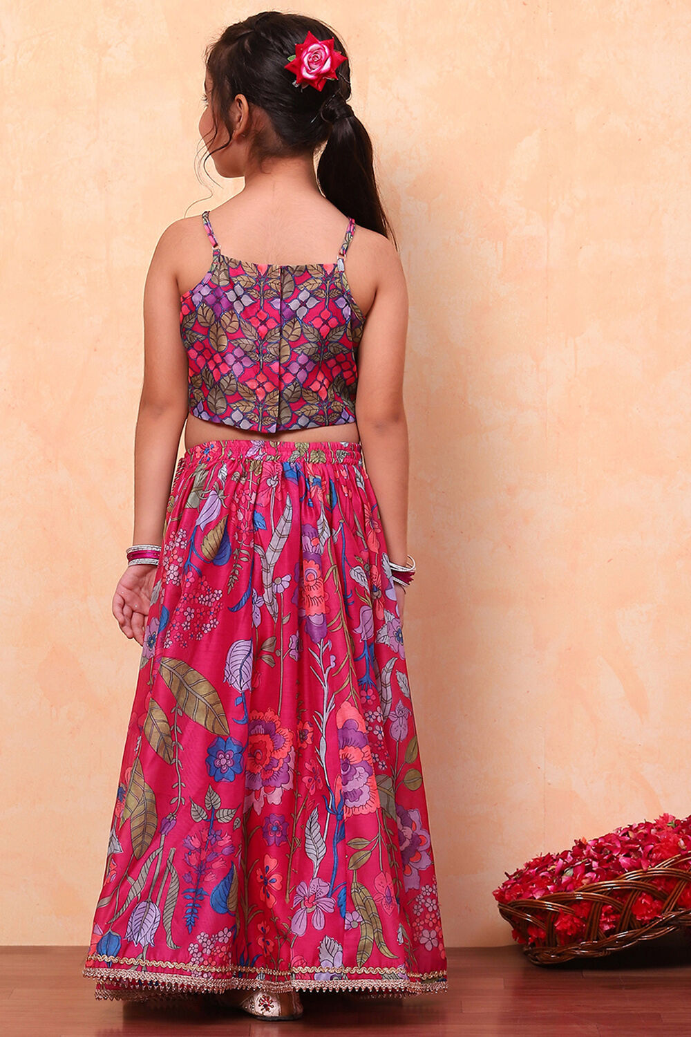 Pink Poly Chanderi Floral Printed Lehenga Set image number 4