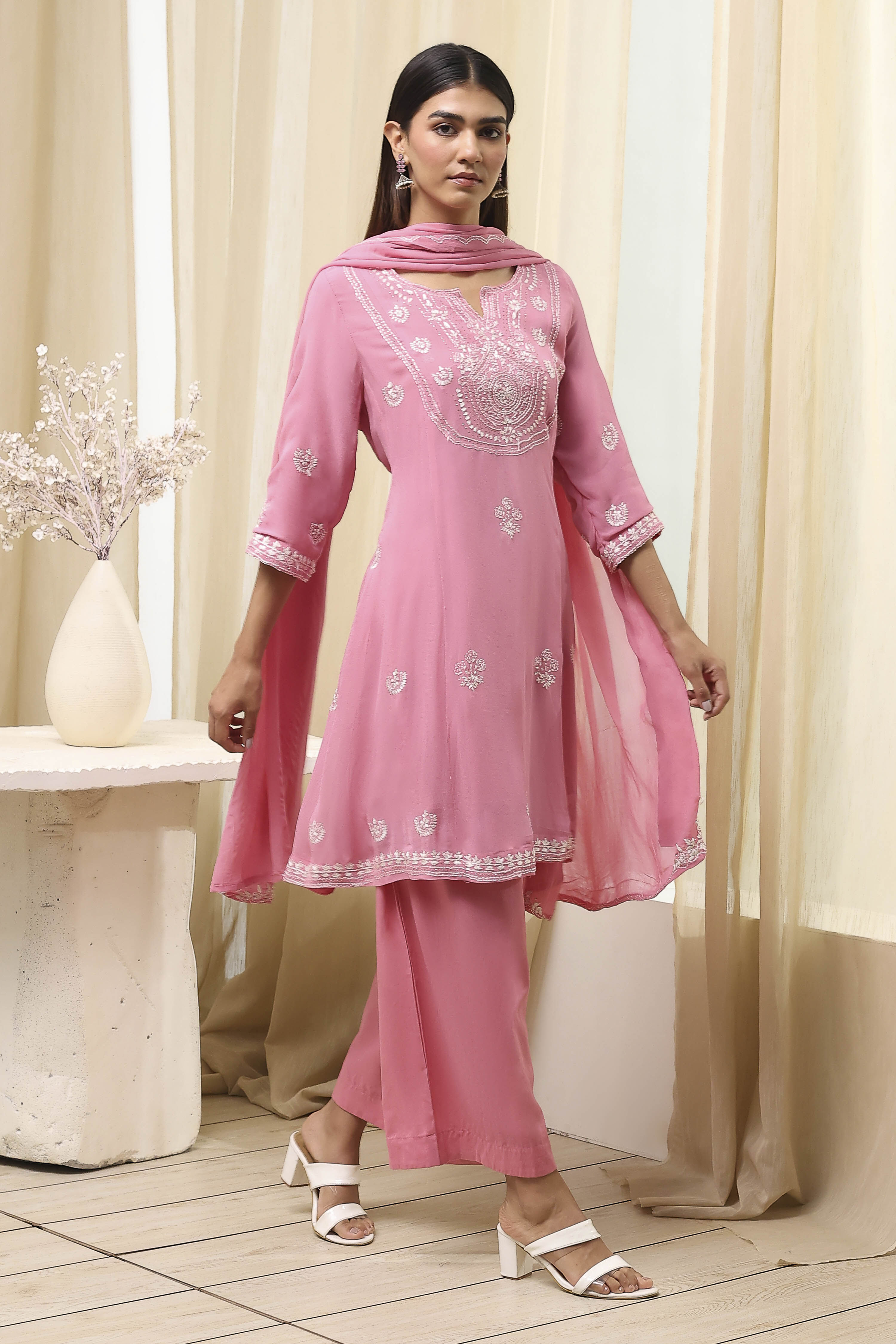 Pink Embroidered Kalidar Suit Set image number 5