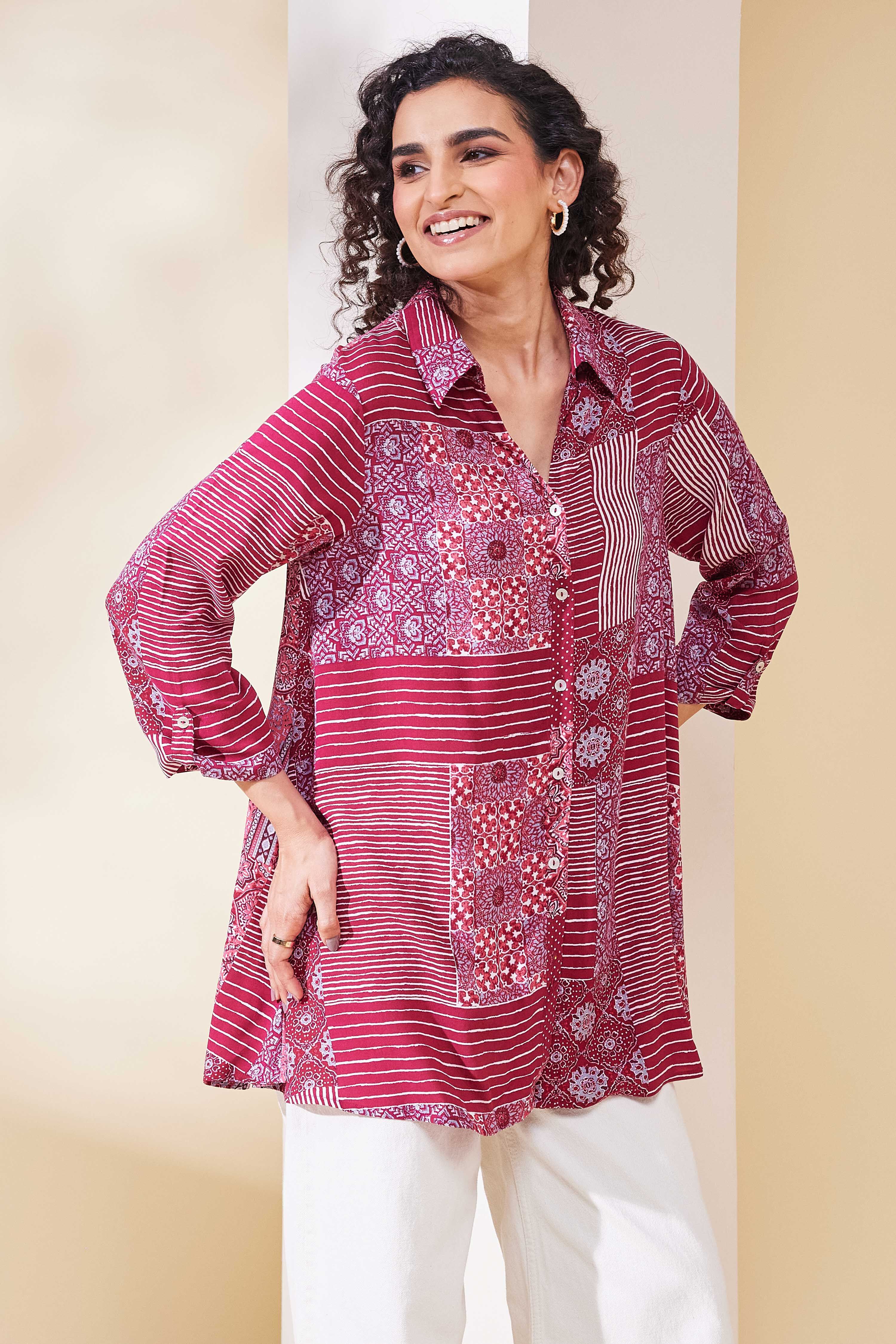 Maroon Viscose Rayon Asymmetric Shirt image number 4