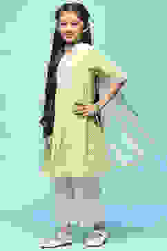 Green Leheriya Cotton Kurta With Palazzo & Net Dupatta image number 4