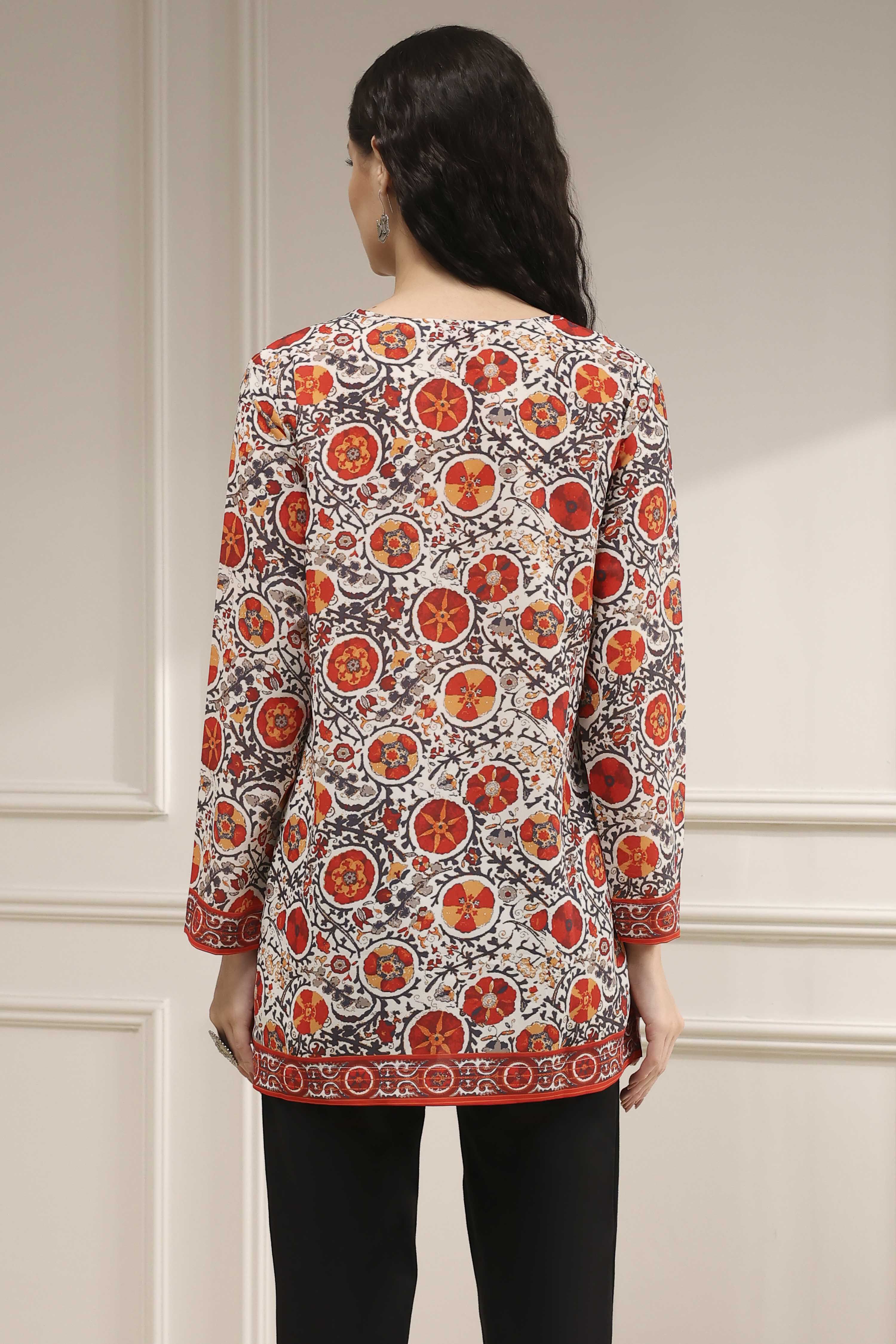 Off White-Red Polyester Straight Printed Short Kurta image number 3