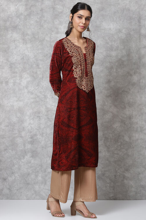 Red Velvet Straight Kurta image number 3