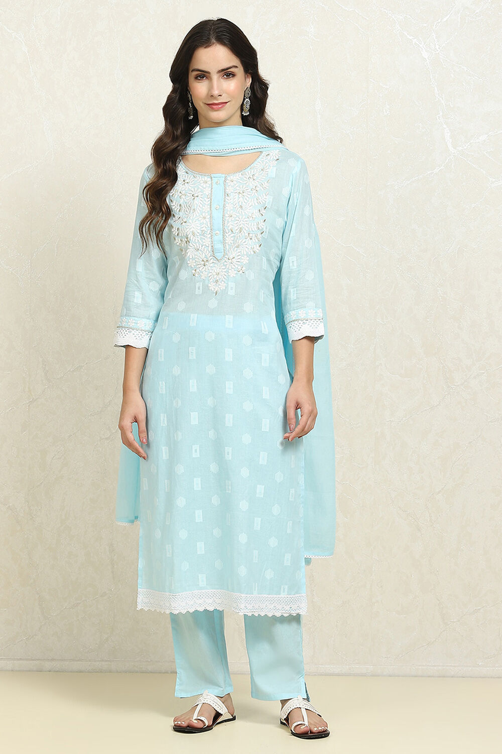 Blue Cotton Handloom Unstitched Suit Set image number 7