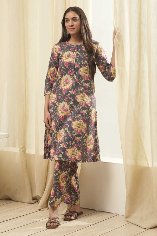 Mustard Cotton Straight Kurta Relaxed Pant Suit Set image number 0