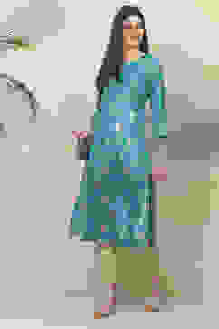 Teal Straight Viscose Kurta image number 2