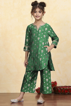 Green Polyester Yarndyed Fitted Kurta Pants Set image number 3