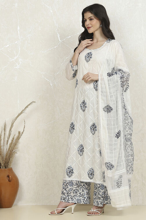 White and Blue Cotton Printed Unstitched Suit Set image number 4