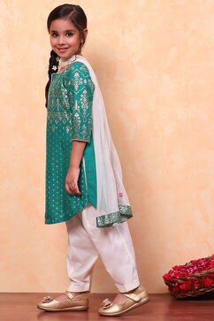 Green and White Cotton Printed Straight Suit Set image number 5