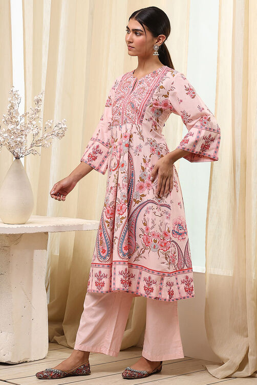Peach-Colored Cotton Floral A-Line Kurta Set image number 3
