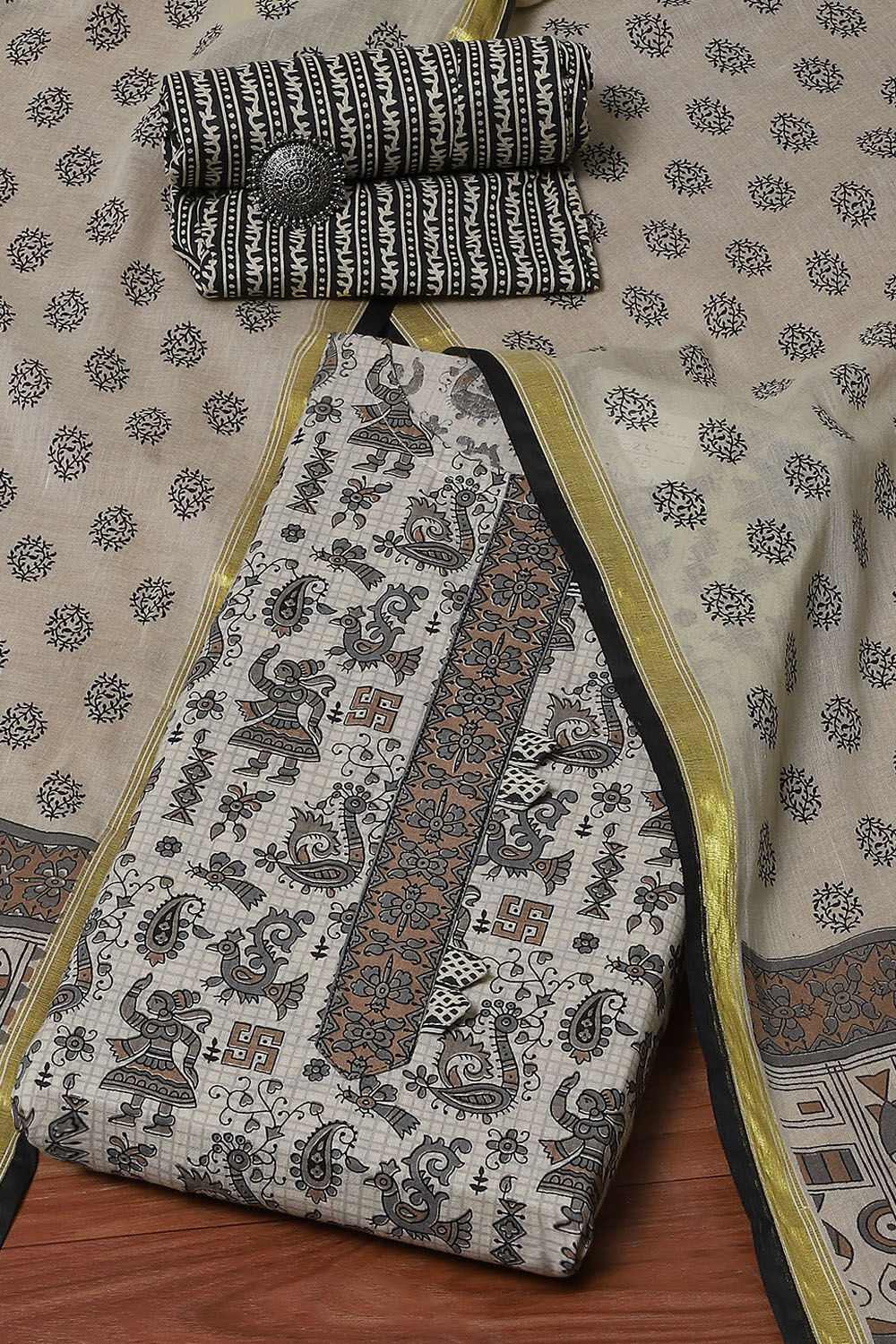 Grey Cotton Screen Printed Unstitched Suit Set image number 0