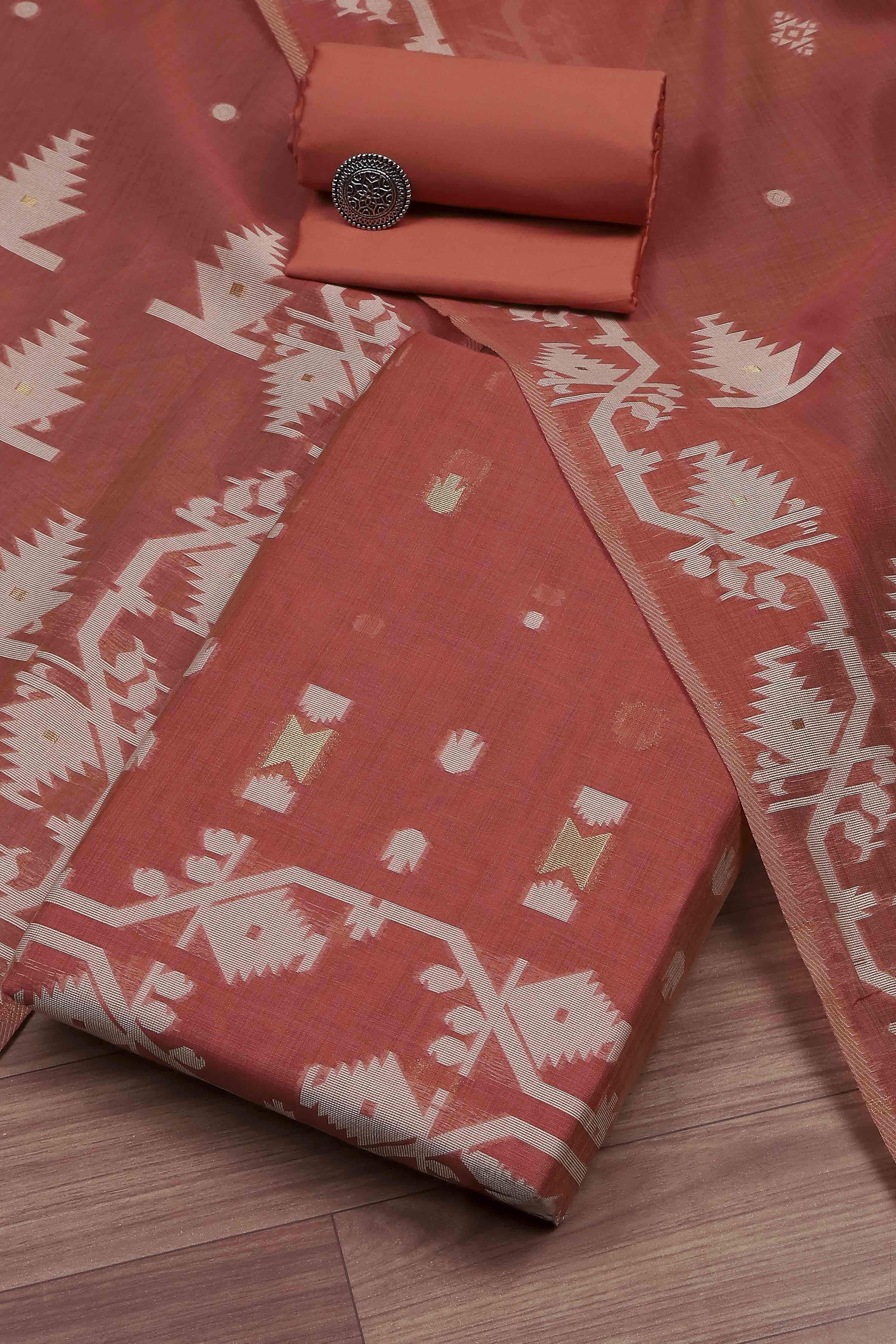 Rust Cotton Jamdani Unstitched Suit Set image number 0