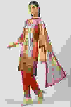 Maroon Silk Blend Straight Kurta Slim Pants Suit Set image number 5