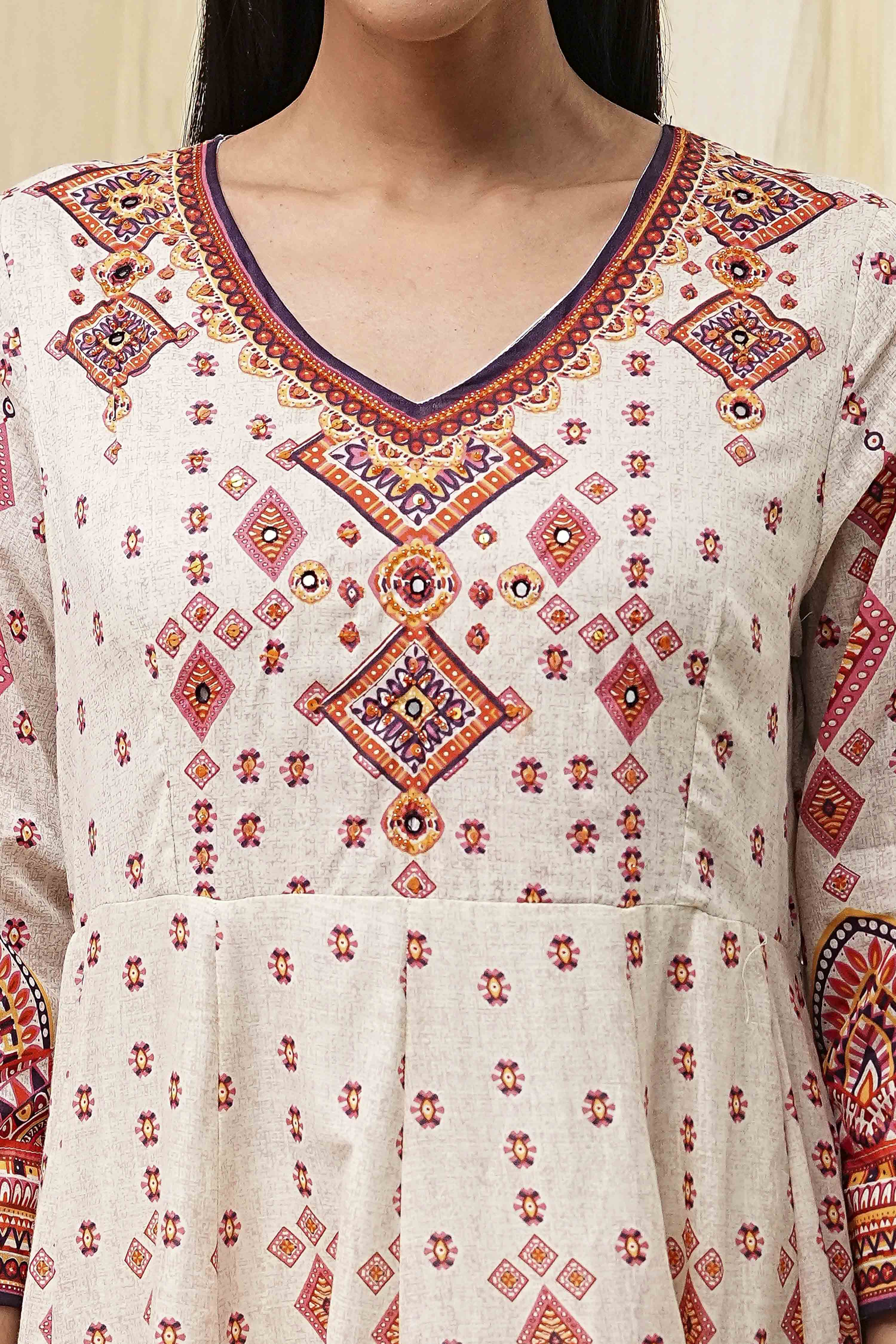 Ecru Cotton Printed Anarkali Suit Set image number 1