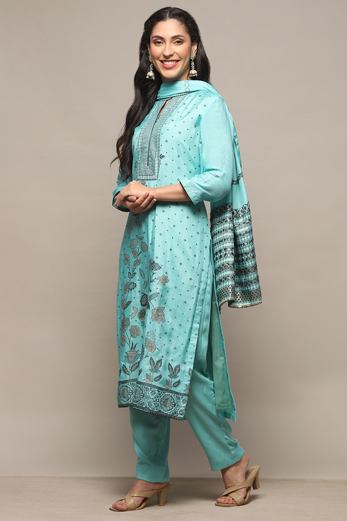 Blue Chanderi Unstitched Suit Set image number 5