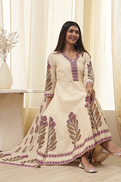 Beige Cotton Printed Anarkali Suit Set image number 0