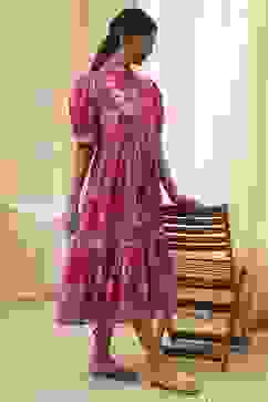 Pink Cotton Floral Printed Tiered Dress image number 0