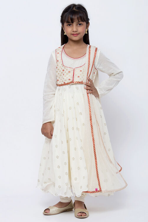 Off White Cotton Straight Kurta Churidar Suit Set image number 0