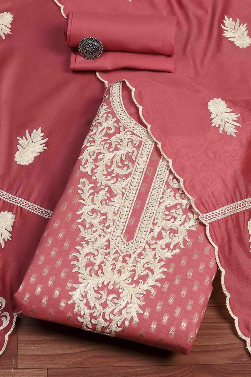 Peach Cotton Blend Thread Embroidered Unstitched Suit Set image number 0