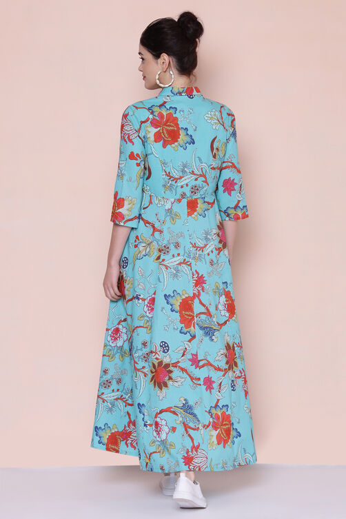Turquoise Cotton Fusion Wear Dress image number 6