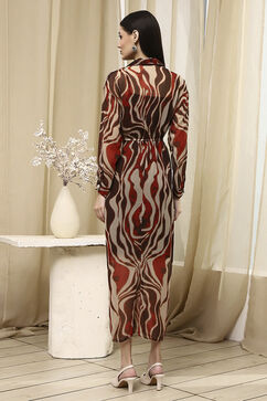 Brown Printed Gathered Tulip Dress image number 3
