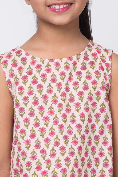 Peach Cotton A-Line Printed Dress image number 1