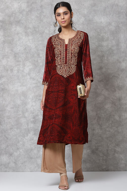 Red Velvet Straight Kurta image number 0
