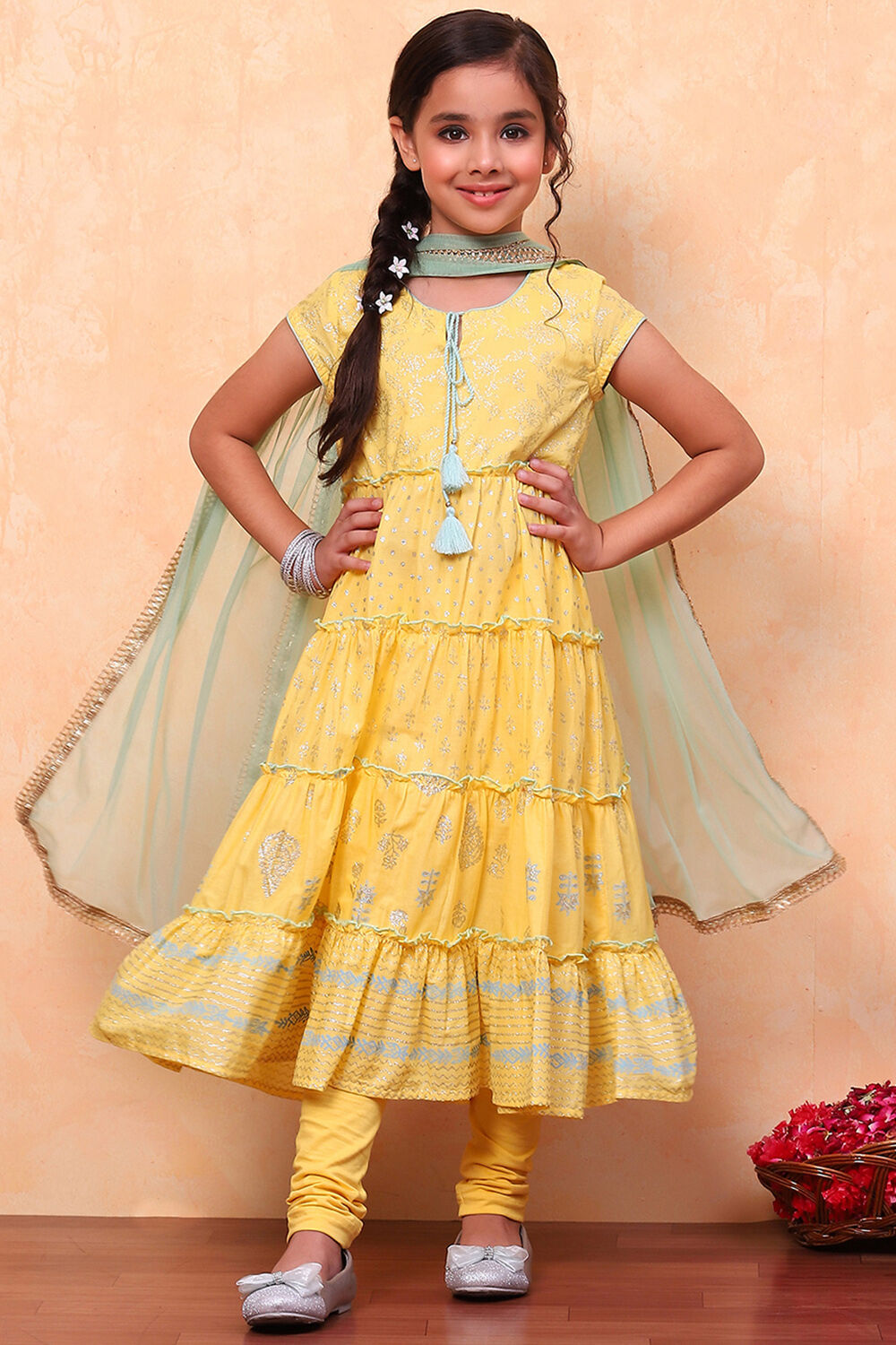 Yellow Cotton Printed Tiered Festive Flared Suit Set image number 6