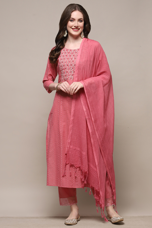 Peach-Colored Cotton Embroidered Unstitched Suit set image number 8