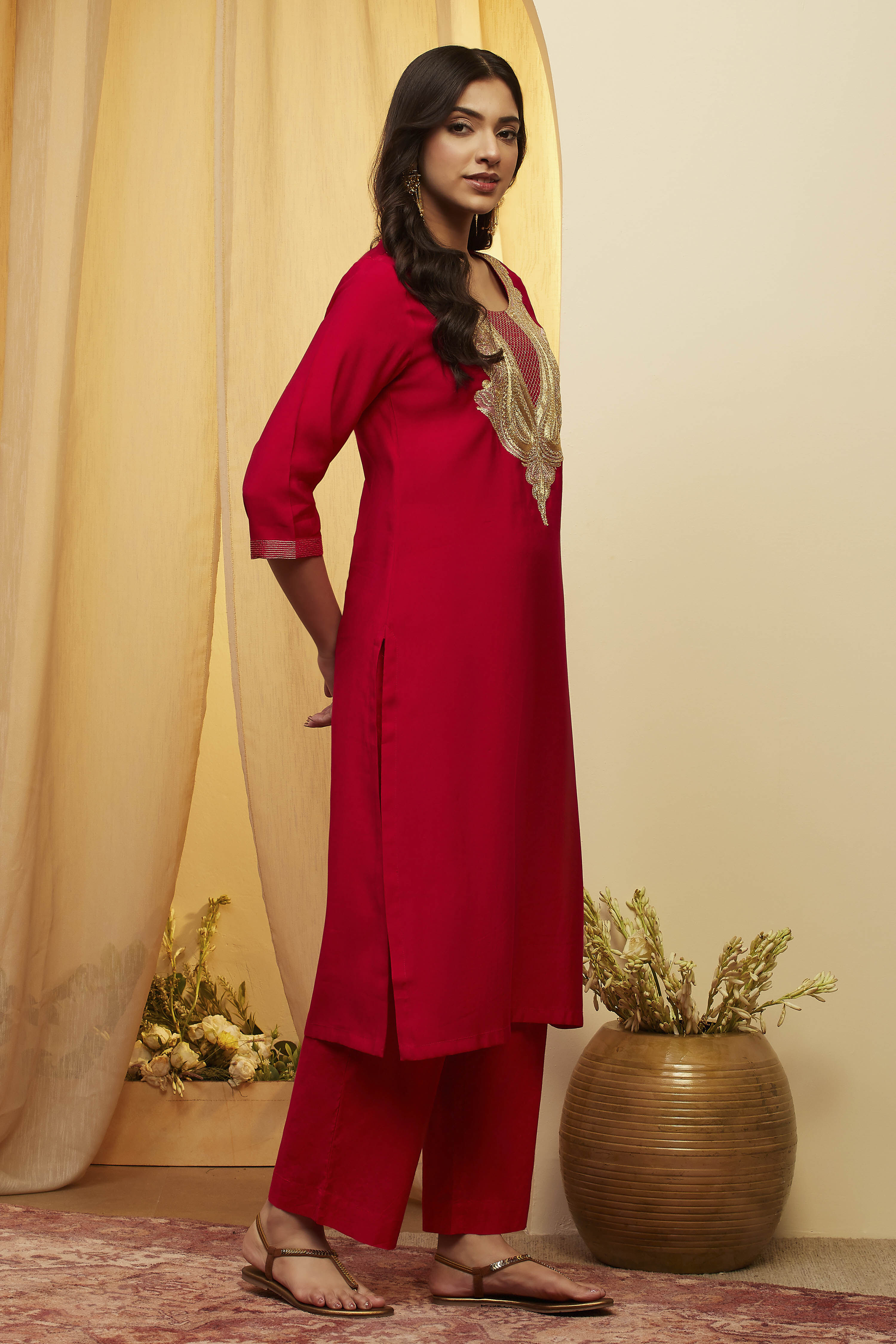 Pink Poly Viscose Straight Kurta image number 3