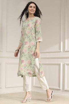 Light Green Cotton Blend Printed Straight Kurta image number 2