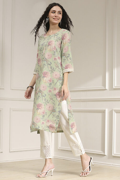 Yellow Cotton Blend Printed Straight Kurta image number 2
