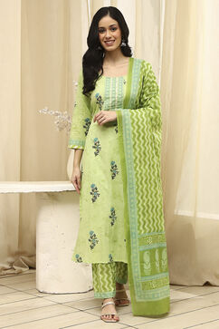 Lime Green Cotton Screen Print Unstitched Suit Set image number 4