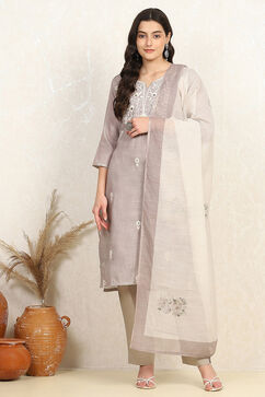 Grey Cotton Embroidered Unstitched Suit Set image number 7