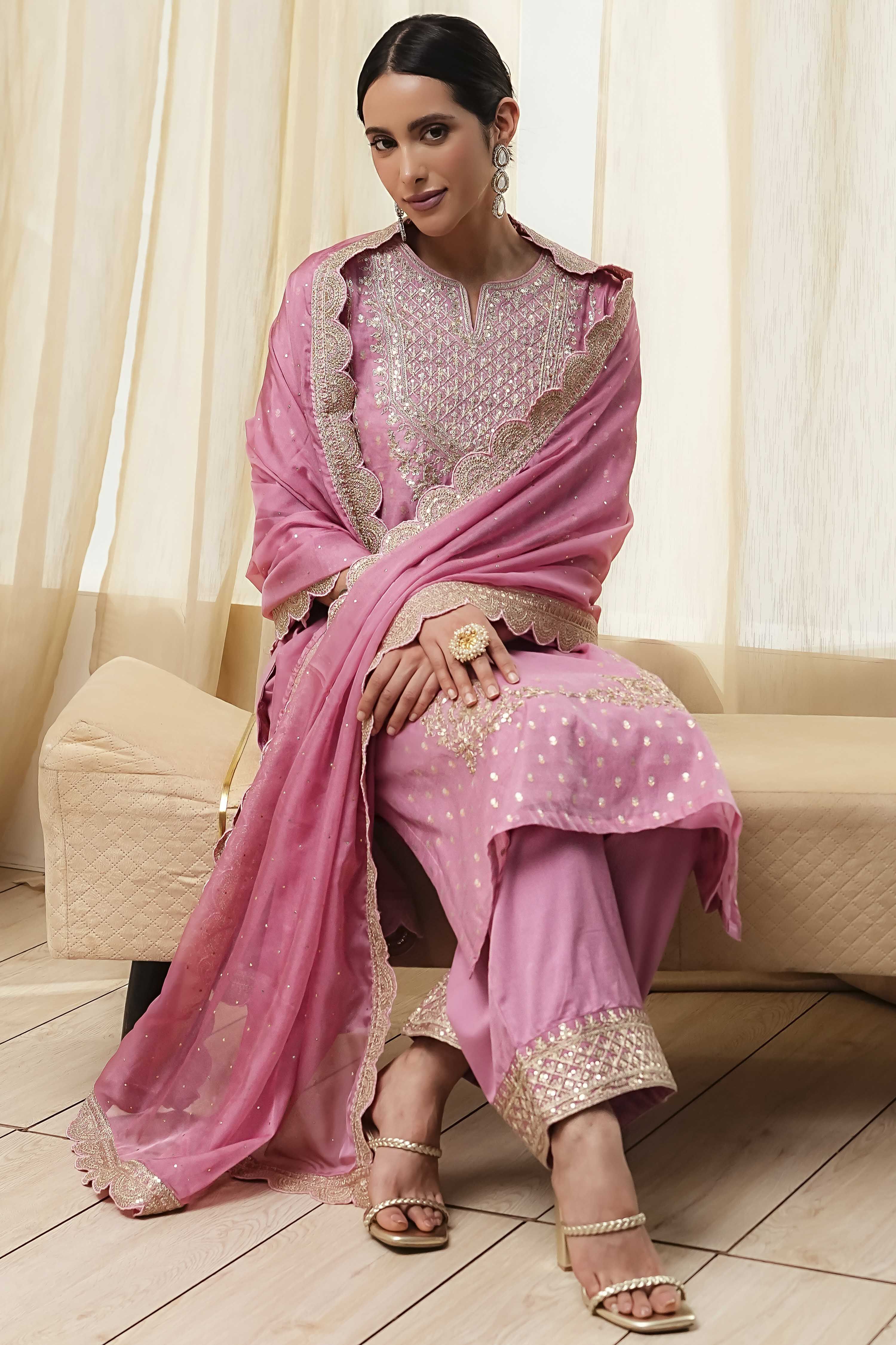 Powder Pink Embroidered Straight Suit Set image number 0