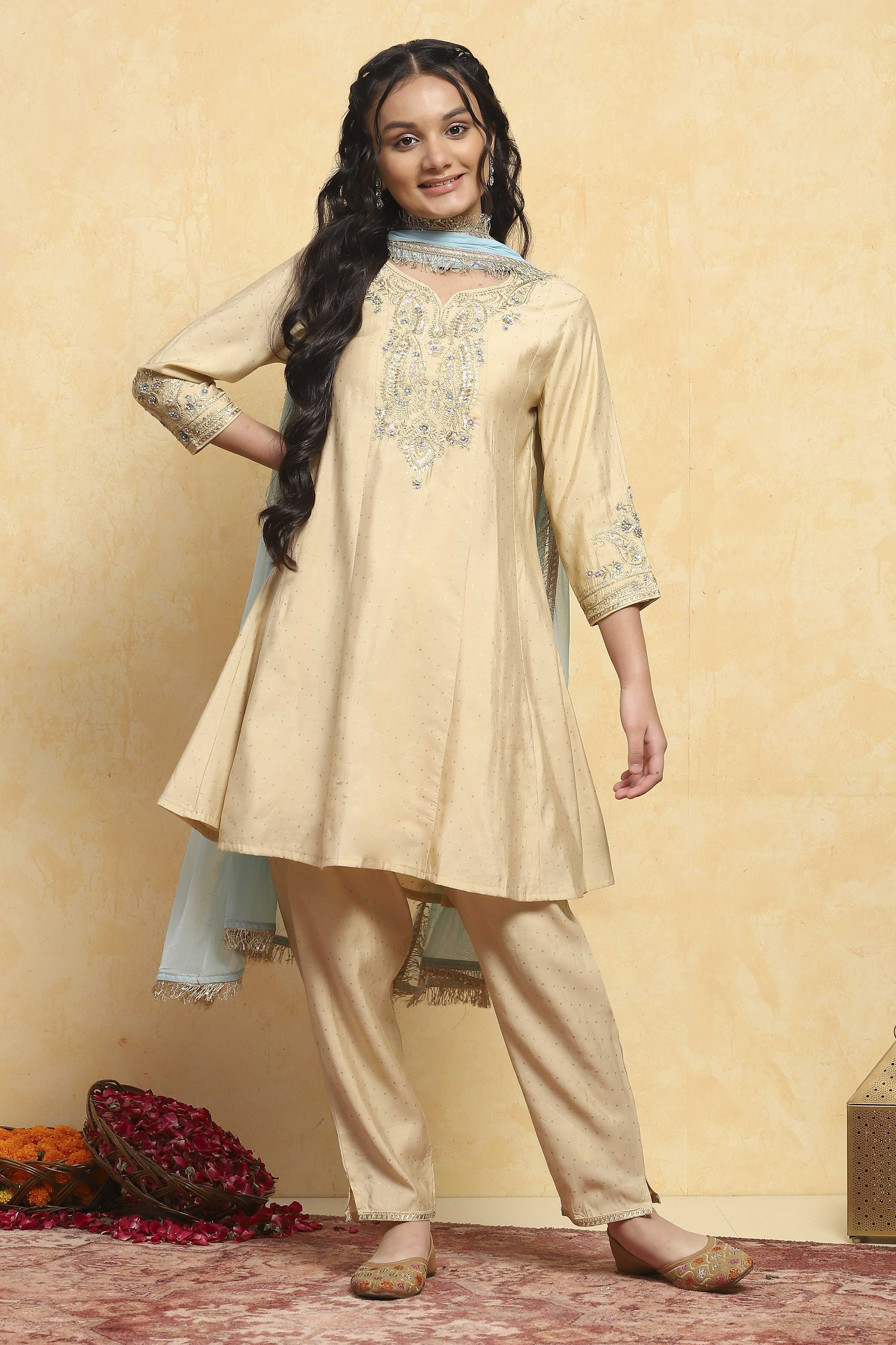 Beige Viscose Blend Kalidar Suits image number 6