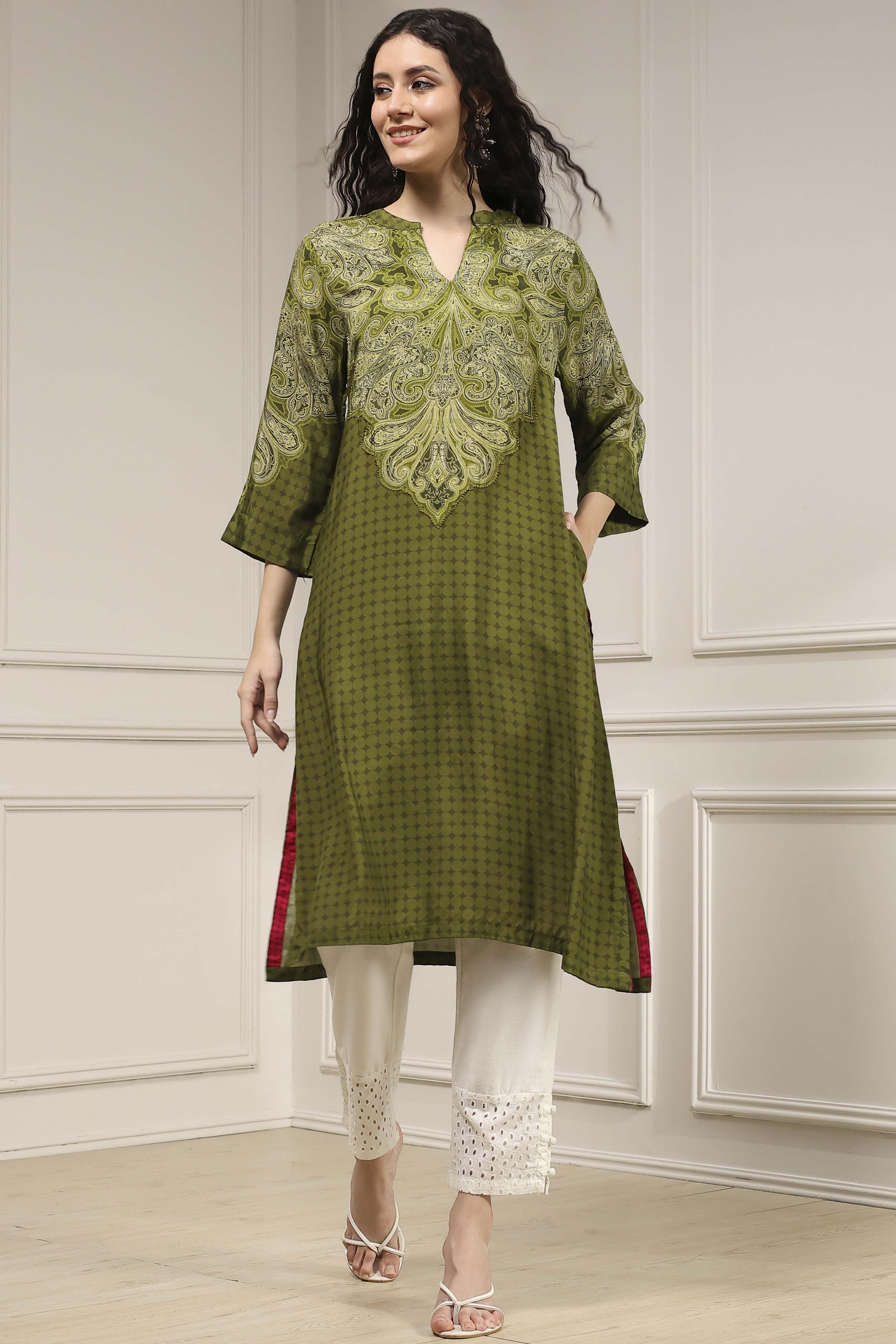 Olive Green Printed Straight Kurta image number 0