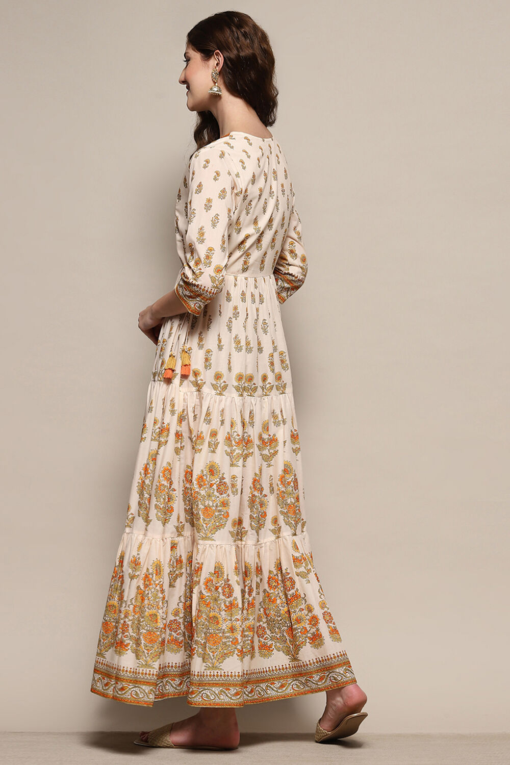 Beige Pure Cotton Printed Tiered Dress image number 3