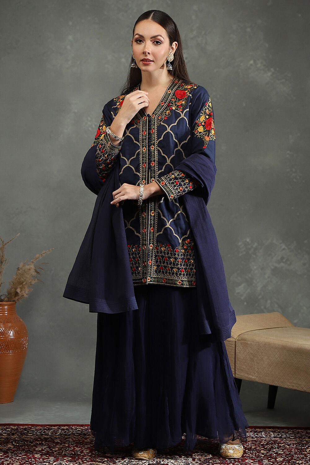 Rohit Bal Blue Silk Chanderi Floral Straight Suit Set image number 6
