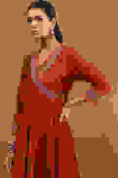 Rust Embroidered Angrakha Festive Anarkali Suit Set image number 5