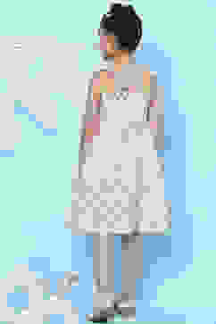 Off White Cotton A-Line Printed Dress image number 4