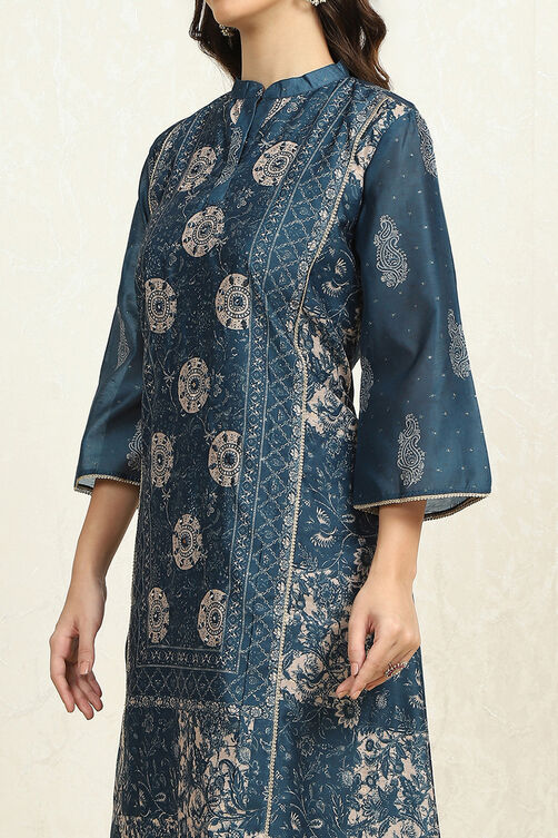 Beige Chanderi Printed Unstitched Suit Set image number 2